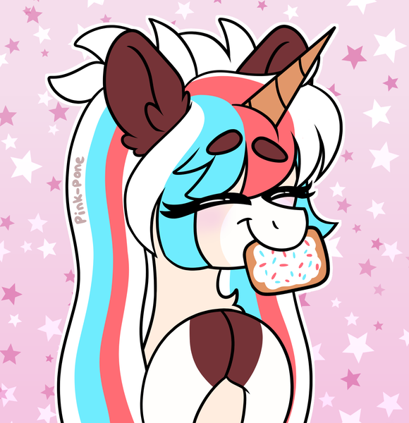 Size: 1450x1500 | Tagged: safe, artist:pink-pone, derpibooru import, oc, pony, unicorn, female, food, image, mare, mouth hold, png, poptart, solo