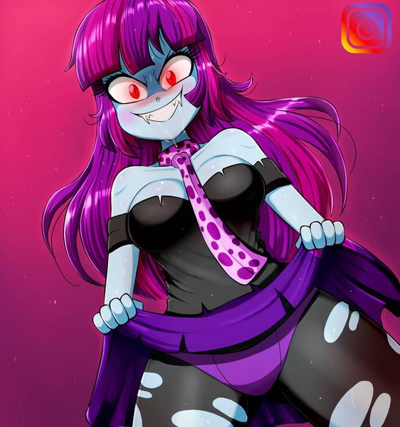 Size: 562x600 | Tagged: suggestive, artist:the-butch-x, derpibooru import, mystery mint, vampire, equestria girls, breasts, busty mystery mint, clothes, fangs, female, grin, image, instagram, jpeg, panties, red eyes, smiling, solo, underwear