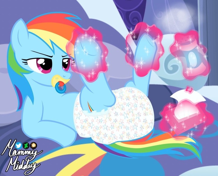 Size: 1024x828 | Tagged: questionable, artist:mommymidday, derpibooru import, rainbow dash, pegasus, pony, abdl, adult diaper, adult foal, annoyed, aura, baby powder, baby wipes, bed, bedroom, diaper, diaper change, diaper fetish, fetish, glare, image, jpeg, levitation, lying down, magic, magic aura, offscreen character, pacifier, photo, raised leg, signature, solo, telekinesis