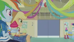 Size: 3410x1920 | Tagged: safe, derpibooru import, screencap, applejack, bon bon, lyra heartstrings, rainbow dash, sweetie drops, equestria girls, equestria girls series, happily ever after party, adorabon, applejack's hat, aweeg*, belt, clothes, cowboy hat, cupcake, cute, cutie mark, cutie mark on clothes, dashabetes, denim skirt, eyes closed, female, food, geode of super speed, geode of super strength, happily ever after party: applejack, hat, hoodie, image, jackabetes, jewelry, jpeg, lesbian, lyrabon, magical geodes, necklace, open mouth, shipping, skirt, smiling