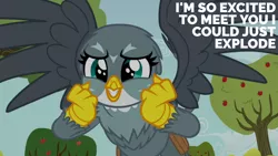 Size: 1280x720 | Tagged: safe, derpibooru import, edit, edited screencap, editor:quoterific, screencap, gabby, gryphon, season 6, the fault in our cutie marks, cute, female, gabbybetes, image, jpeg, smiling, solo, spread wings, tree, wings