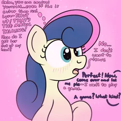 Size: 2000x2000 | Tagged: safe, artist:dafiltafish, derpibooru import, bon bon, sweetie drops, oc, oc:hedone, earth pony, pony, comic:day by day, blushing, dialogue, image, out of frame, png, solo, thoughts