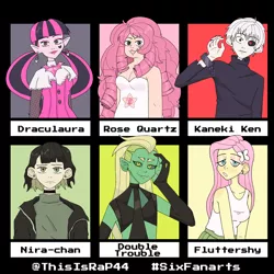 Size: 6000x6000 | Tagged: safe, artist:thisisrap44, derpibooru import, fluttershy, six fanarts, equestria girls, bedroom eyes, black sclera, bust, clothes, crossover, double trouble, ear piercing, female, hairclip, heterochromia, image, monster high, piercing, png, rose quartz (steven universe), she-ra and the princesses of power, smiling, steven universe, tokyo ghoul
