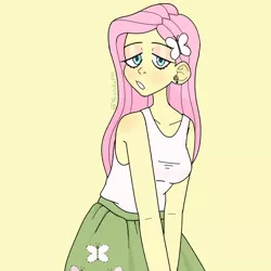 Size: 2500x2500 | Tagged: safe, alternate version, artist:thisisrap44, derpibooru import, fluttershy, equestria girls, bedroom eyes, bust, clothes, cutie mark, cutie mark on clothes, ear piercing, female, hairclip, image, piercing, png, simple background, solo, yellow background