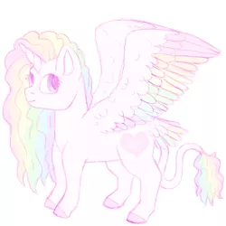 Size: 637x637 | Tagged: safe, artist:ukulelepineapplecat, derpibooru import, oc, oc:amity, unofficial characters only, alicorn, pony, alicorn oc, colored hooves, female, horn, image, leonine tail, magical lesbian spawn, mare, multicolored hair, multiple parents, offspring, parent:applejack, parent:fluttershy, parent:pinkie pie, parent:rainbow dash, parent:rarity, parent:twilight sparkle, png, rainbow hair, simple background, solo, white background, wings