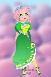 Size: 400x600 | Tagged: safe, artist:kinkei, derpibooru import, fluttershy, human, alternate hairstyle, bow, clothes, cloud, dress, female, gala dress, hair bow, hand on hip, humanized, image, jpeg, lipstick, solo