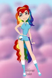 Size: 400x600 | Tagged: safe, artist:kinkei, derpibooru import, rainbow dash, human, alternate hairstyle, base used, clothes, cutie mark, cutie mark on clothes, ear piercing, earring, female, grin, hand on hip, humanized, image, jewelry, jpeg, piercing, shorts, smiling, solo