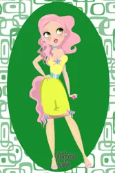 Size: 400x600 | Tagged: safe, artist:kinkei, derpibooru import, fluttershy, human, abstract background, alternate hairstyle, clothes, dress, ear piercing, female, hand on hip, high heels, humanized, image, jpeg, lipstick, piercing, shoes, solo