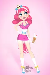 Size: 400x600 | Tagged: safe, artist:kinkei, derpibooru import, human, alternate hairstyle, clothes, ear piercing, female, gloves, grin, hairband, hand on hip, humanized, image, jpeg, lipstick, milkshake, piercing, skirt, smiling, socks, solo