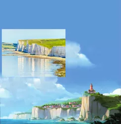 Size: 861x882 | Tagged: safe, derpibooru import, edit, g5, cliff, cloud, image, lighthouse, maretime bay, no pony, ocean, official, png, scenery, white cliffs of dover