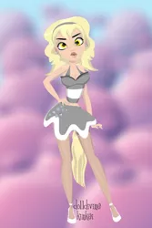 Size: 400x600 | Tagged: safe, artist:kinkei, derpibooru import, derpy hooves, human, alternate hairstyle, base used, clothes, cloud, cutie mark, cutie mark on clothes, female, hand on hip, high heels, humanized, image, jpeg, shoes, skirt, solo