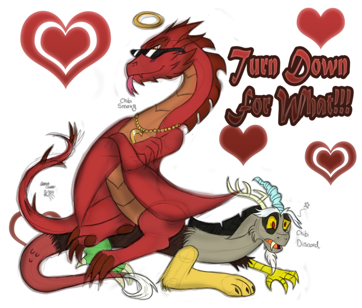 Size: 3229x2750 | Tagged: safe, alternate version, artist:chibi-n92, derpibooru import, discord, draconequus, dragon, black eye, blushing, bruised, colored, confused, crossed arms, gay, halo, heart, image, jewelry, lord of the rings, male, monochrome, necklace, png, sitting, smaug the golden, smug, sunglasses