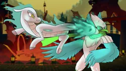 Size: 2450x1378 | Tagged: safe, artist:hitsuji, artist:mane6, derpibooru import, avian, dragon, hybrid, longma, them's fightin' herds, community related, duo, fire, goggles, image, kicking, png, rivals of aether, tianhuo (tfh), wrastor (roa)