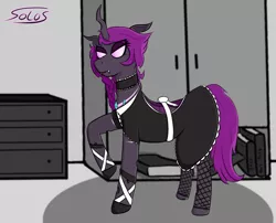 Size: 1354x1093 | Tagged: safe, artist:solos, derpibooru import, oc, oc:coco (changeling), unofficial characters only, changeling, changeling oc, clothes, fangs, fishnets, image, maid, png, purple changeling