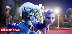 Size: 1605x762 | Tagged: safe, derpibooru import, screencap, queen haven, pegasus, pony, armor, breaking news, camera, carpet, female, g5, guard, helmet, image, jpeg, male, mare, news report, red carpet, stallion, thunder (g5), zoom zephyrwing