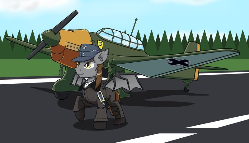 Size: 2048x1181 | Tagged: safe, artist:jakobthej, derpibooru import, oc, oc:devin, unofficial characters only, original species, plane pony, pony, aircraft, antenna, balkenkreuz, clothes, cloud, germany, hat, image, iron cross, jpeg, ju-87, luftwaffe, male, military, pilot, plane, pose, runway, sky, solo, stallion, stuka, tree, uniform, war, wehrmacht, wings, world war ii