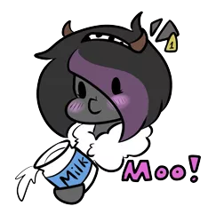 Size: 1131x1210 | Tagged: safe, artist:mimicryfluffoarts, derpibooru import, part of a set, oc, oc:mimicry, unofficial characters only, pony, chibi, cow horns, ear tag, exploitable meme, female, fluffy, image, mare, meme, milk, mimicry's silly doodles, moomoocry-milkies, png, shiftling, spilled milk