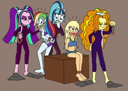 Size: 2408x1714 | Tagged: safe, artist:bugssonicx, derpibooru import, adagio dazzle, applejack, aria blaze, rainbow dash, sonata dusk, equestria girls, ankle tied, arm behind back, bikini, bondage, bound and gagged, bound wrists, cleave gag, clothes, diving goggles, emanata, flippers, gag, geode of super speed, geode of super strength, image, magical geodes, png, scuba mask, sitting, smiling, smirk, smug, stealing, swimsuit, the dazzlings, tied up, wetsuit