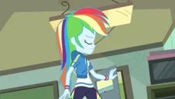 Size: 3410x1920 | Tagged: safe, derpibooru import, screencap, rainbow dash, equestria girls, equestria girls series, happily ever after party, clothes, cutie mark, cutie mark on clothes, eyes closed, female, geode of super speed, happily ever after party: rainbow dash, hoodie, image, jewelry, jpeg, magical geodes, necklace, solo, television