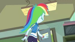 Size: 3410x1920 | Tagged: safe, derpibooru import, screencap, rainbow dash, equestria girls, equestria girls series, happily ever after party, clothes, cutie mark, cutie mark on clothes, faceless female, female, geode of super speed, happily ever after party: rainbow dash, hoodie, image, jewelry, jpeg, magical geodes, necklace, offscreen character, solo, television