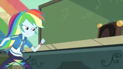 Size: 3410x1920 | Tagged: safe, derpibooru import, screencap, rainbow dash, equestria girls, equestria girls series, happily ever after party, chalkboard, clothes, cutie mark, cutie mark on clothes, female, geode of super speed, happily ever after party: rainbow dash, hoodie, image, jewelry, jpeg, magical geodes, necklace, rainbow trail, solo