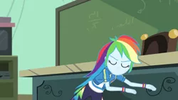 Size: 3410x1920 | Tagged: safe, derpibooru import, screencap, rainbow dash, equestria girls, equestria girls series, happily ever after party, chalkboard, clothes, cutie mark, cutie mark on clothes, eyes closed, female, geode of super speed, happily ever after party: rainbow dash, hoodie, image, jewelry, jpeg, magical geodes, necklace, solo, television