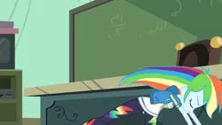 Size: 3410x1920 | Tagged: safe, derpibooru import, screencap, rainbow dash, equestria girls, equestria girls series, happily ever after party, chalkboard, clothes, cutie mark, cutie mark on clothes, eyes closed, female, geode of super speed, happily ever after party: rainbow dash, hoodie, image, jewelry, jpeg, magical geodes, necklace, solo, television