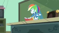 Size: 3410x1920 | Tagged: safe, derpibooru import, screencap, rainbow dash, equestria girls, equestria girls series, happily ever after party, chalkboard, clothes, cutie mark, cutie mark on clothes, female, geode of super speed, happily ever after party: rainbow dash, hoodie, image, jewelry, jpeg, magical geodes, necklace, rainbow trail, solo, television