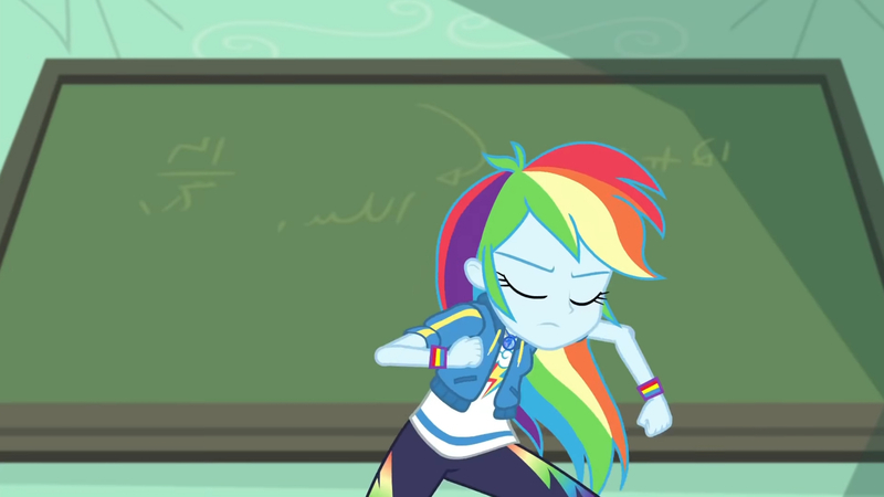 Size: 3410x1920 | Tagged: safe, derpibooru import, screencap, rainbow dash, equestria girls, equestria girls series, happily ever after party, chalkboard, clothes, cutie mark, cutie mark on clothes, eyes closed, female, geode of super speed, happily ever after party: rainbow dash, hoodie, image, jewelry, jpeg, magical geodes, necklace, solo