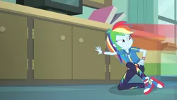 Size: 3410x1920 | Tagged: safe, derpibooru import, screencap, rainbow dash, equestria girls, equestria girls series, happily ever after party, clothes, cutie mark, cutie mark on clothes, female, geode of super speed, happily ever after party: rainbow dash, hoodie, image, jewelry, jpeg, magical geodes, necklace, rainbow trail, shoes, sneakers, solo