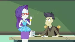 Size: 3410x1920 | Tagged: safe, derpibooru import, screencap, cranky doodle donkey, rarity, equestria girls, equestria girls series, happily ever after party, bracelet, chalkboard, clothes, cutie mark, cutie mark on clothes, eyes closed, female, geode of shielding, glasses, hairpin, happily ever after party: rarity, image, jewelry, jpeg, lip bite, magical geodes, male, rarity peplum dress, rarity's glasses