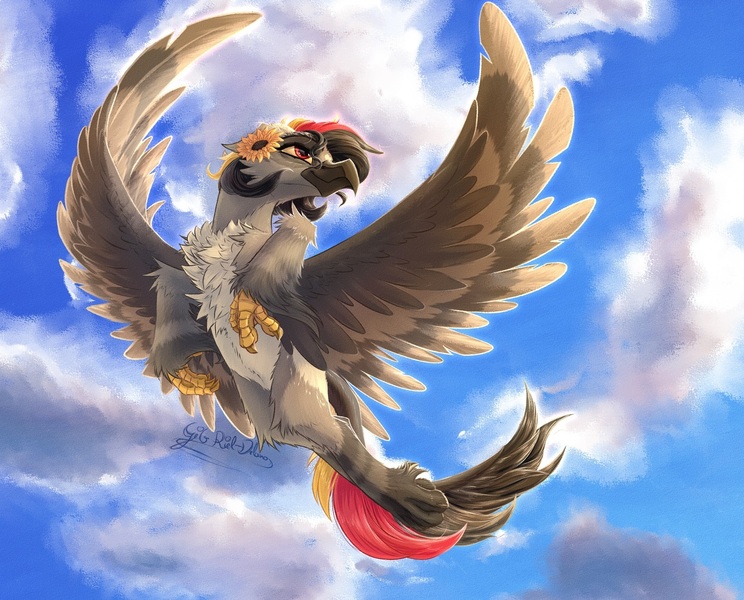 Size: 1540x1242 | Tagged: safe, artist:thatonegib, derpibooru import, oc, gryphon, beak, claws, cloud, colored wings, commission, flower, flying, image, jpeg, large wings, looking up, multicolored hair, multicolored wings, paws, solo, sunflower, wings, ych result