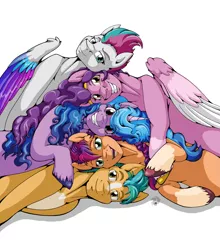 Size: 2943x3351 | Tagged: safe, artist:stormblaze-pegasus, derpibooru import, hitch trailblazer, izzy moonbow, pipp petals, sunny starscout, zipp storm, earth pony, pegasus, pony, unicorn, blaze (coat marking), coat markings, facial markings, female, g5, high res, image, looking at you, male, mane five (g5), mare, markings, pale belly, png, pony pile, simple background, smiling, socks (coat marking), stallion, unshorn fetlocks, white background, wings