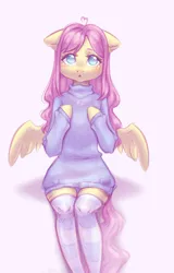 Size: 1916x2988 | Tagged: safe, artist:zefirka, derpibooru import, fluttershy, pegasus, semi-anthro, clothes, cute, image, :o, open mouth, png, shyabetes, socks, stockings, striped socks, sweater, sweatershy, thigh highs