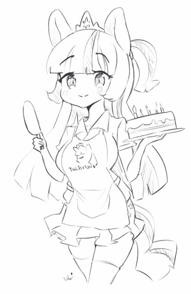 Size: 907x1393 | Tagged: artist needed, safe, artist:bubbletea, derpibooru import, twilight sparkle, twilight sparkle (alicorn), alicorn, anthro, the last problem, apron, baking, cake, clothes, cooking, cute, doodle, food, g4, image, jpeg, lineart, older, older twilight, princess twilight 2.0, sketch, socks, thigh highs