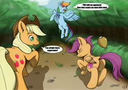 Size: 4096x2892 | Tagged: suggestive, alternate version, artist:db, artist:dbcreativearts, derpibooru import, applejack, rainbow dash, scootaloo, earth pony, pegasus, pony, desperation, dialogue, eyes closed, image, jpeg, need to pee, omorashi, open mouth, outdoors, potty emergency, potty time, raised hoof, speech bubble, underhoof