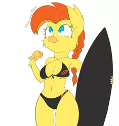 Size: 1080x1150 | Tagged: safe, artist:fajnyziomal, derpibooru import, oc, oc:goldenflow, unofficial characters only, anthro, hippogriff, bikini, breasts, busty oc, clothes, female, hippogriff oc, image, png, solo, surfboard, swimsuit
