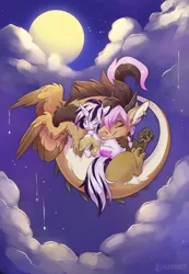 Size: 2160x3115 | Tagged: safe, artist:kez, derpibooru import, oc, oc:ira, oc:yiazmat, draconequus, unicorn, chipping, couple, draconequus oc, female, horn, image, male, moon, night, png, sky, snuggling, tail, unicorn oc, wings