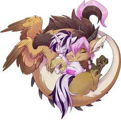 Size: 1825x1808 | Tagged: safe, artist:kez, derpibooru import, oc, oc:ira, oc:yiazmat, draconequus, unicorn, couple, draconequus oc, female, horn, horns, image, male, png, shipping, simple background, snuggling, transparent background, unicorn oc, wings