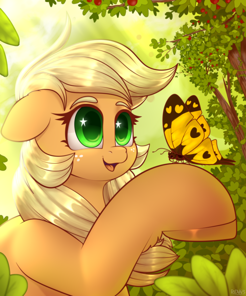 Size: 2500x3000 | Tagged: safe, artist:redvais, derpibooru import, applejack, butterfly, earth pony, insect, pony, female, image, mare, png, solo