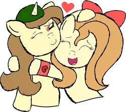 Size: 1700x1511 | Tagged: safe, artist:sparkfler85, derpibooru import, oc, oc:flani bainilye, oc:hymyt, unofficial characters only, earth pony, pony, unicorn, bow, bracelet, female, freckles, hat, heart, hug, image, jewelry, mare, png, simple background, transparent background