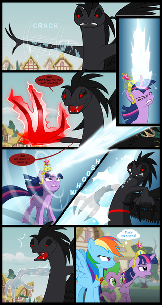 Size: 1063x1995 | Tagged: semi-grimdark, artist:culu-bluebeaver, derpibooru import, rainbow dash, spike, twilight sparkle, dragon, pegasus, serpent, snake, unicorn, comic:the six-winged serpent, angry, big crown thingy, comic, digital, digital art, element of generosity, element of honesty, element of kindness, element of laughter, element of loyalty, element of magic, elements of harmony, exhausted, fight, frozen, horn, image, jewelry, magic, magic aura, png, ponyville, regalia, speech bubble, thought bubble, unicorn twilight, vector, wings, worried