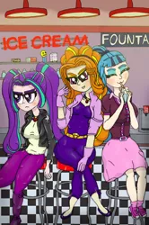 Size: 2300x3464 | Tagged: safe, artist:ewrrfb, derpibooru import, adagio dazzle, aria blaze, sonata dusk, human, equestria girls, 50's, 50's fashion, boots, candy, clothes, coca-cola, counter, diner, drinking, drinking straw, food, gloves, image, jacket, jewelry, leather jacket, neon, neon sign, pendant, pez dispenser, png, poodle skirt, shoes, smoothie, stool, straw, straw in mouth, text