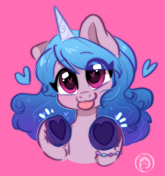 Size: 1061x1129 | Tagged: safe, artist:colorfulcolor233, derpibooru import, izzy moonbow, pony, unicorn, :p, bust, cute, ear down, female, g5, heart, heart eyes, heart hoof, image, izzybetes, jpeg, mare, pink background, simple background, solo, tongue out, underhoof, wingding eyes