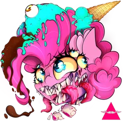 Size: 5000x5000 | Tagged: semi-grimdark, artist:ahekao, derpibooru import, pinkie pie, earth pony, pony, commission, eyelashes, image, mutation, mutilation, png, ponk, smiling, solo, teeth, tongue out