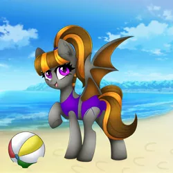 Size: 2000x2000 | Tagged: safe, alternate version, artist:splashofsweet, derpibooru import, oc, oc:mythic dawn, unofficial characters only, bat pony, bat pony oc, bat wings, beach, beach babe, beach ball, clothes, commission, complex background, frog (hoof), hair tie, image, jpeg, looking at you, open mouth, ponytail, purple eyes, smiling, smiling at you, swimsuit, underhoof, wings, ych result