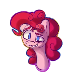 Size: 3000x3000 | Tagged: safe, artist:packy paca, derpibooru import, pinkie pie, pony, blushing, bust, flower, flower in hair, image, looking at you, png, raised eyebrow, simple background, smiling, smiling at you, solo, transparent background