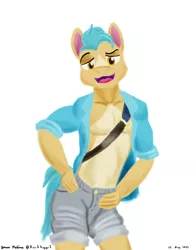 Size: 1100x1400 | Tagged: safe, artist:rockhoppr3, derpibooru import, hitch trailblazer, anthro, earth pony, g5, my little pony: a new generation, clothes, daisy dukes, image, looking at you, male, png, shirt, shorts, solo, stupid sexy hitch trailblazer