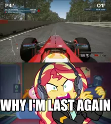 Size: 748x831 | Tagged: safe, derpibooru import, screencap, equestria girls, equestria girls series, game stream, spoiler:eqg series (season 2), angry, f1 2012, female, formula 1, image, png, rage, shimmercode, sunset shimmer frustrated at game, tell me what you need