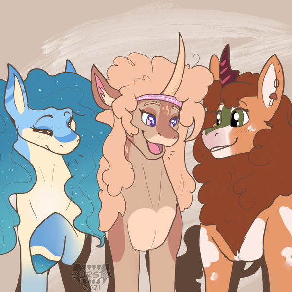 Size: 1500x1500 | Tagged: safe, artist:sursiq, derpibooru import, oc, oc:foxglove, oc:horse bitch, oc:naomi, unofficial characters only, kirin, original species, pony, shark, shark pony, unicorn, closed mouth, eyes closed, eyes open, female, females only, fluffy, gradient mane, headband, horn, image, kirin oc, mare, open mouth, png, raised hoof, raised leg, smiling, talking, unicorn oc